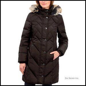 Knee Length Down Coat with Quilted Design and Hood